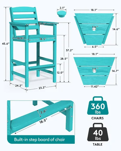 Vista 3 de SERWALL: Juego de 2 sillas Adirondack altas con mesa conectada, taburetes de exterior para todo clima, color azul Aruba