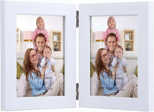 Vista 7 de Giftgarden Marco de fotos doble de 3.5 x 5 pulgadas, color marrón con pantalla de vidrio transparente, fotos de 5 x 3.5 pulgadas, marco plegable