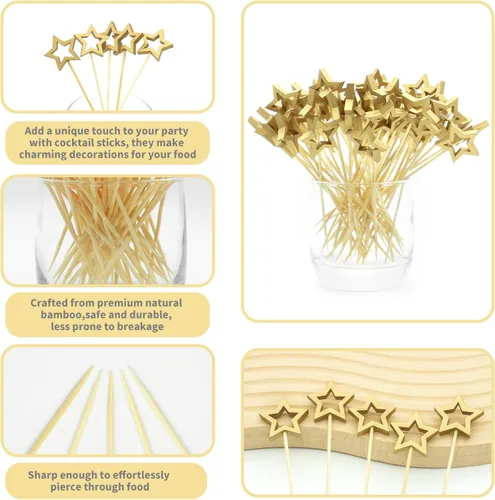 Vista 6 de Palillos de Cóctel Gold Star, Mondadientes Decorativos de 5.5 Pulgadas de Largo para Aperitivos, Frutas y Adorno de Bebidas, Suministros de Fiesta