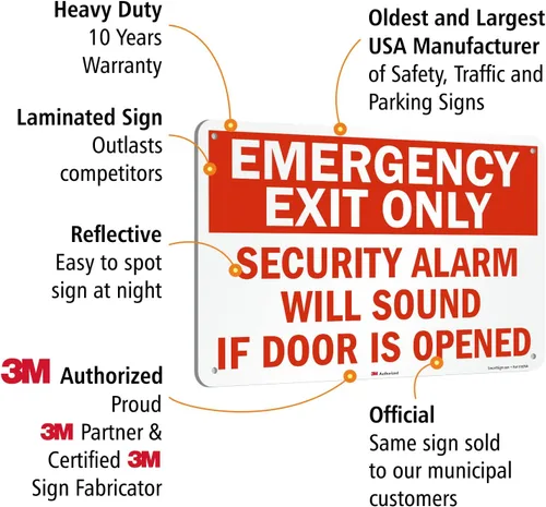 Vista 4 de SmartSign Letrero de metal con texto en inglés «Emergency Exit Only – Security Alarm Will Sound If Door Is Opened», aluminio de 63 mil