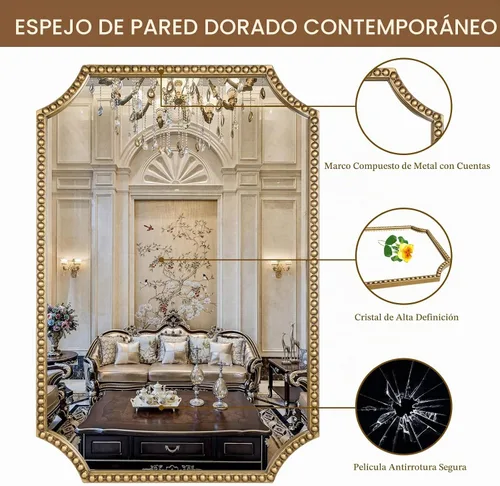 Vista 3 de Espejo de pared de 24 x 36 pulgadas, espejo decorativo rectangular de esquinas festoneadas, marco de cuentas de metal, decoración de pared para Oro