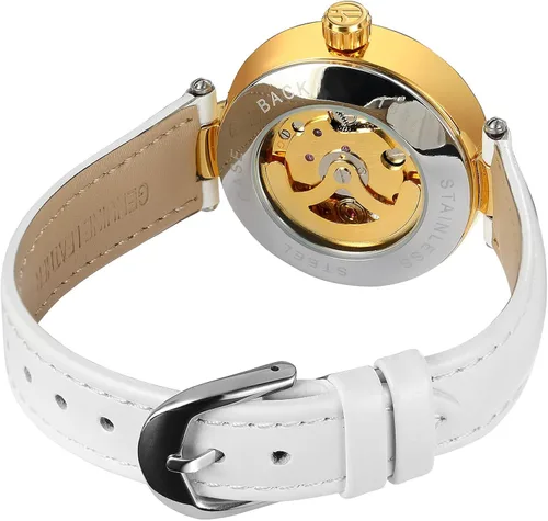 Vista 7 de Reloj de pulsera para mujer, analógico, números romanos esqueleto cristal automático automático automático reloj de cuero mecánico