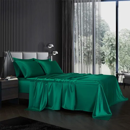 Vista 26 de AiMay Juego de Sábanas de Satén de 4 Piezas Tamaño Twin con Fundas de Almohada Bolsillo Profundo Sedosas Súper Suaves Color Sólido 1 Sábana Encimera