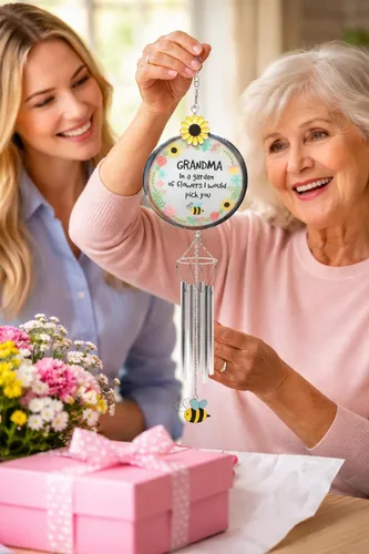 Vista 2 de Carillón de viento para abuela – Grandmother in a Garden of Flowers I'd Pick You – Campanilla de viento floral de abeja de girasol – Regalo colgante