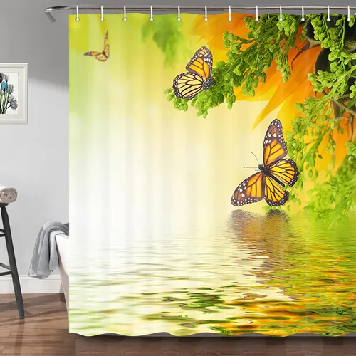 Vista 3 de Cortina de ducha de mariposa amarilla, plantas naturales de primavera, floral y fantasía, lago de hadas zen, 72 x 72 pulgadas, juego de decoración