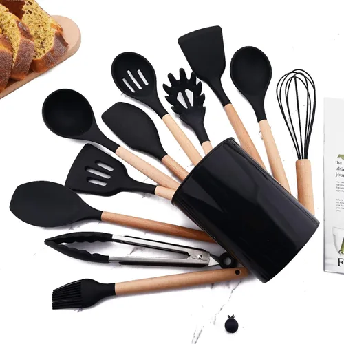 Vista 18 de 1 cucharón de silicona negra para sopa profunda, resistente al calor, cuchara de goma antiadherente grande con mango de madera para cocinar 1