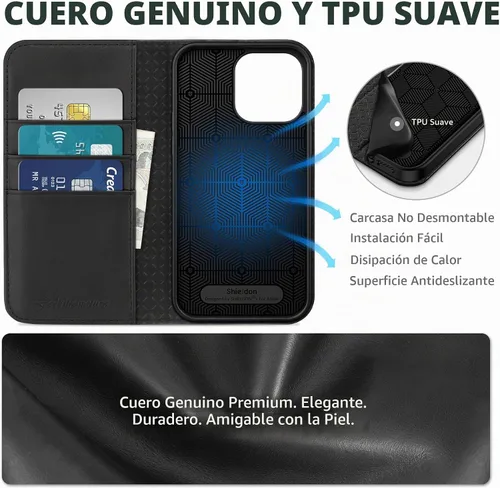 Vista 8 de SHIELDON Funda tipo cartera de piel auténtica para iPhone 14 Pro Max de 6.7 Negro