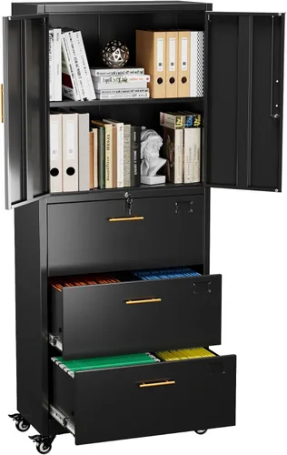 Vista 9 de METAN - Archivador de metal con 3 cajones y 1 estante, archivador de oficina con ruedas y cerradura, almacenamiento de oficina para tamaño Negro