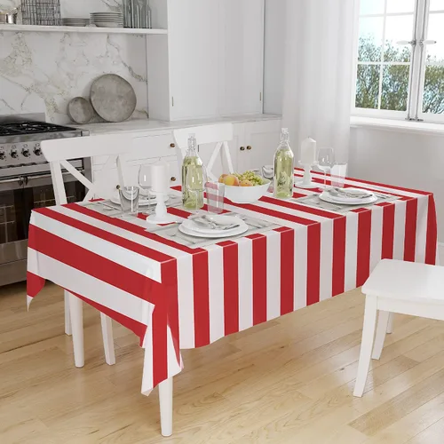 Vista 4 de peony man Mantel de plástico a rayas rojas y blancas, mantel rectangular impermeable para carnaval y circo, para decoración de días festivos