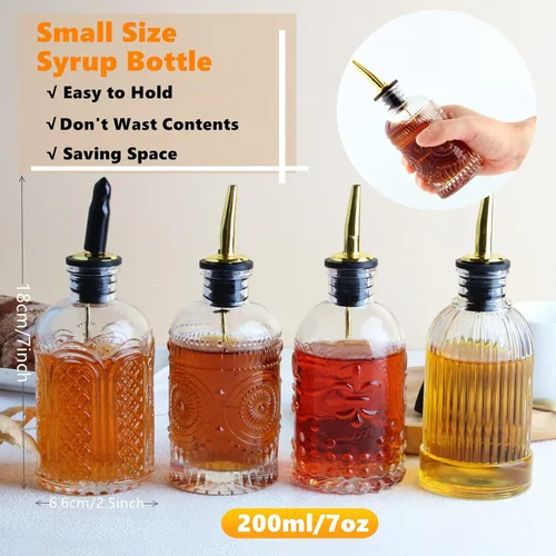 Vista 4 de Shining Craft Juego de botellas dispensadoras de jarabe, paquete de 4 botellas de 7 onzas con boquilla de metal y etiquetas para jarabes, SC055