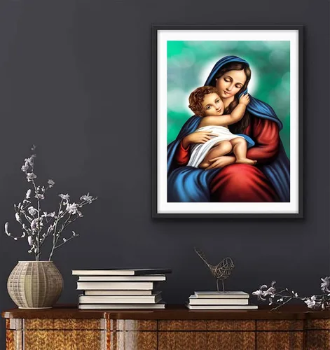 Vista 2 de Kit de pintura de diamantes de imitación 5D para madonna religiosa y bebé por números, para adultos, Virgen María, diamantes de imitación, punto