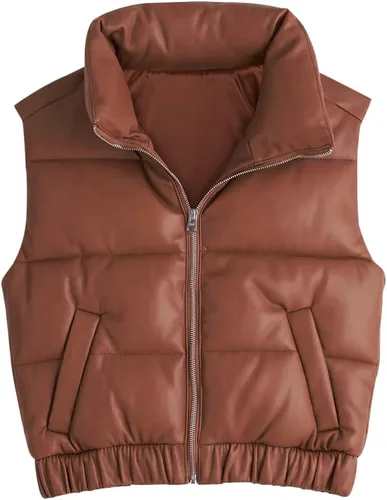 Vista 2 de Fisoew Chaleco acolchado de piel sintética para mujer, cuello alto, con cremallera, sin mangas, para invierno