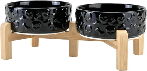 Vista 62 de SPUNKYJUNKY Cuencos elevados de cerámica para perros, 5.1 pulgadas, para comida de perros y gatos, cuencos elevados con soporte de bambú Verde oscuro