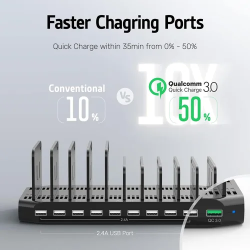Vista 7 de Alxum Estación de carga rápida USB con carga rápida 3.0, soporte de carga de 10 puertos para múltiples dispositivos, compatible con iPad, iPhone