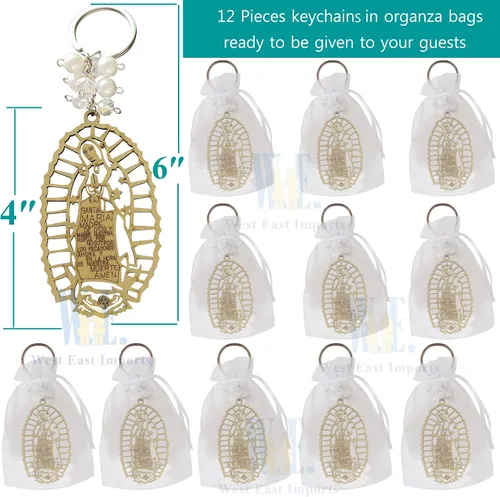 Vista 2 de 12 llaveros de Nuestra Señora de Guadalupe con bolsas de regalo Bautizo Recuerdo Marrón, Marrón