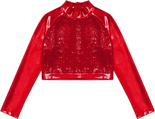 Vista 3 de JEATHA Camiseta corta de manga larga con lentejuelas brillantes para niños y niñas, con cuello alto falso, camisetas atléticas de jazz hip-hop