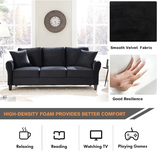 Vista 9 de Sofá tapizado de terciopelo de 3 plazas con 2 almohadas, sofá moderno de 78 pulgadas con patas de madera maciza para sala de estar, apartamento
