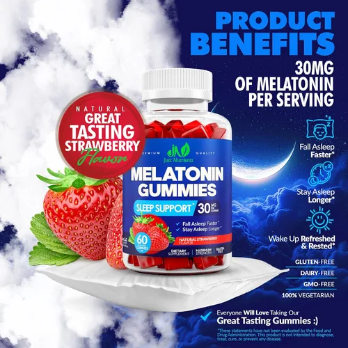 Vista 3 de Gomitas de melatonina de 30 mg para adultos (60 porciones) – Apoyo para dormir de máxima fuerza con 30 mg de melatonina por gomita – Sin gluten, sin