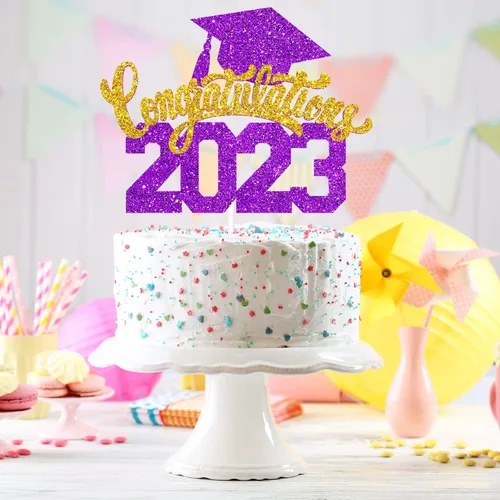 Vista 2 de Felicitaciones 2023 - Decoración para pastel de graduación 2023, suministros de pastel de purpurina morada para fiesta de graduación, decoración