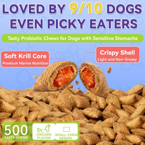 Vista 3 de Probióticos masticables para perros, 500 masticables, soporte estomacal sensible con núcleo de krill, probióticos triples y prebióticos, digestión
