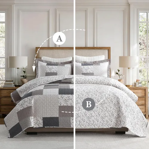 Vista 7 de SahSahCasa Edredón tamaño Queen, edredón acolchado a cuadros 100% algodón para cama Queen, colchas florales, colcha reversible de estilo campestre