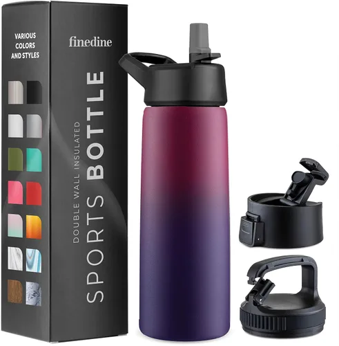 Vista 30 de FineDine Botellas de agua aisladas de triple pared con popote, botella de metal de acero inoxidable de 25 onzas con 3 tapas a prueba de fugas