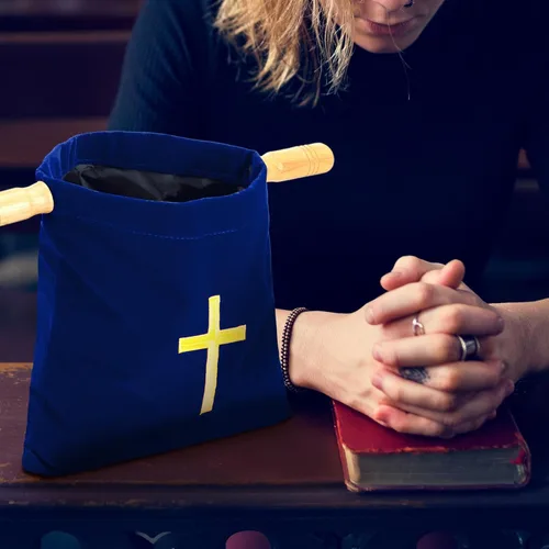 Vista 7 de Abbylike Bolsa de terciopelo para ofrendas de iglesia con asas de madera, bolsa de ofrenda religiosa de 10 pulgadas, bolsa de colección de iglesias