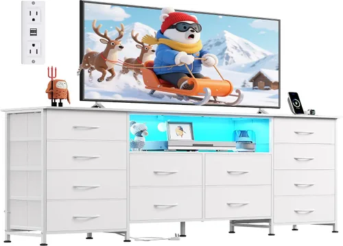 Vista 11 de WLIVE Cómoda de 12 cajones para dormitorio, cómoda negra para TV de 65, 70, 75 pulgadas con luz LED y estación de carga, cómoda ancha con estantes