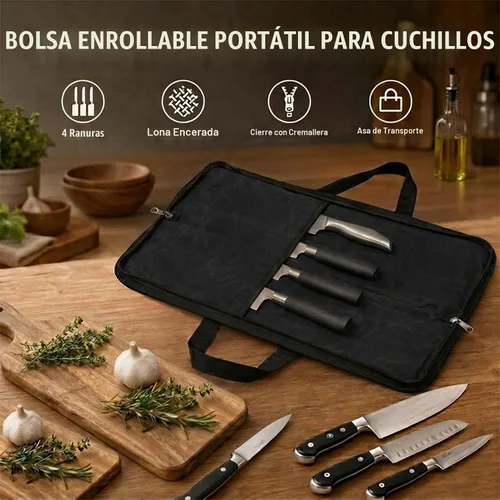 Vista 8 de Rollo de cuchillos, bolsa resistente para cuchillos, estuche de lona encerada con 4 ranuras para cuchillos y herramientas de cocina, bolsa