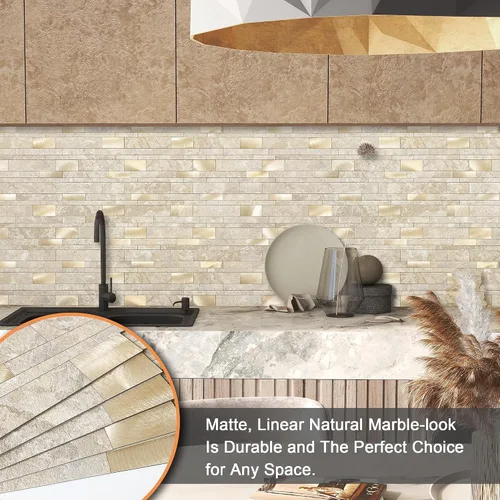 Vista 4 de VAOVI Azulejos autoadhesivos para salpicaduras de cocina, azulejos estilo metro lineal de mosaico de piedra para baño, pared de ducha impermeable
