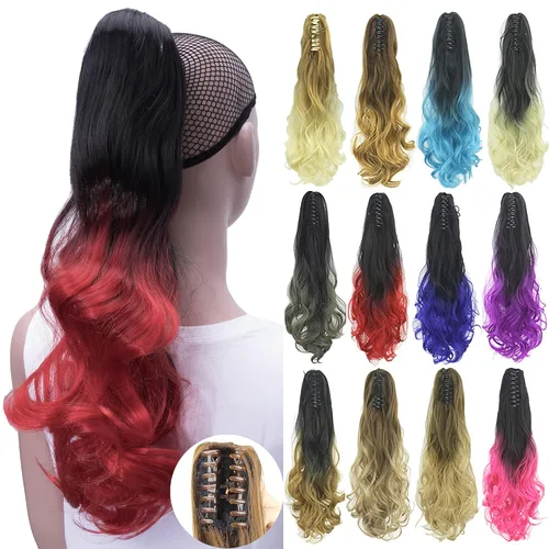 Vista 13 de IMISSU Extensiones de cabello rizado con pinza de color degradado, cola de caballo con clip (rubio degradado)