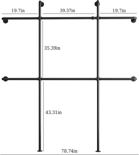 Vista 3 de Perchero Industrial de Tubería para Ropa de Montaje en Pared, Perchero Negro de Tubería para Ropa con 6 Varillas para Colgar, Perchero de Tubería