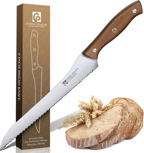 Vista 18 de Juego de 4 cuchillos de carne serrados de Purple Dragon de acero alemán de alto carbono con mango cuadrado de madera - Corte sin esfuerzo - Regalo