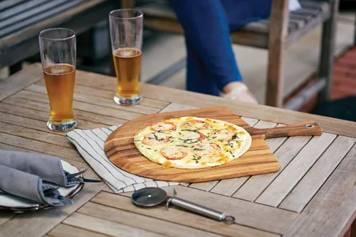 Vista 9 de Tabla Gourmet de madera de acacia de piel para pizza, Pala para pizza