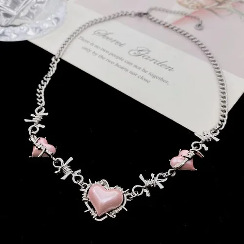 Vista 6 de Stainless Steel Necklace for Women - Barbed Wire Necklacen Thorn Pink Heart Choker Necklace for Teen Girls Preppy Jewelry