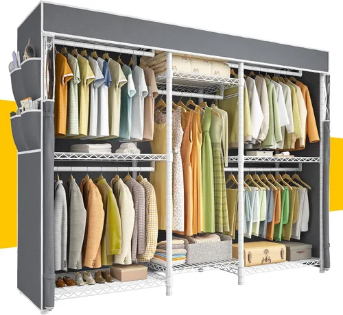 Vista 12 de Raybee Perchero de ropa con cubierta, perchereros para colgar ropa resistente, armario portátil con estantes, ajustable, carga de 905 LBS, negro