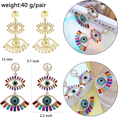 Vista 3 de Aretes colgantes de cristal para mujer, diseño de ojos malvados y divertidos, con diamantes de imitación abstractos y ojos colgantes, joyería