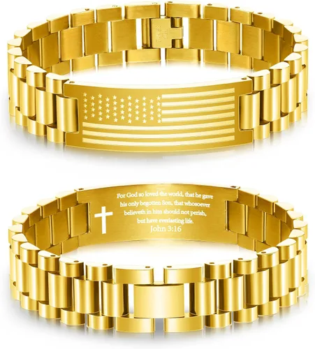 Vista 13 de P. BLAKE Pulsera con versículo bíblico de la bandera estadounidense para hombres, pulsera de acero inoxidable grabada de las Escrituras, religiosa