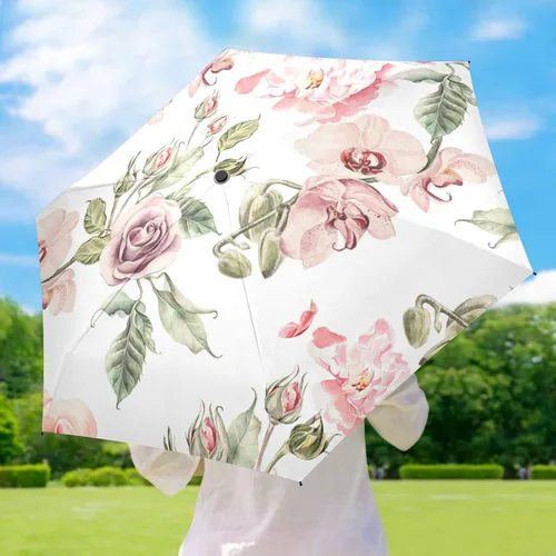 Vista 6 de Sombrilla de viaje plegable compacta con protección UV para 99% de protección UV, resistente al viento, a prueba de lluvia, pequeña luz a la moda