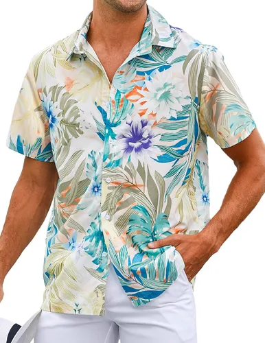 Vista 3 de ZAFUL Camisa hawaiana de algodón de manga corta con botones para el verano, para playa tropical