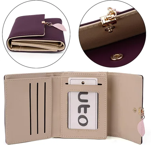 Vista 5 de UTO - Cartera pequeña RFID de piel sintética con dije de hoja, cierre de cremallera y tarjetero.