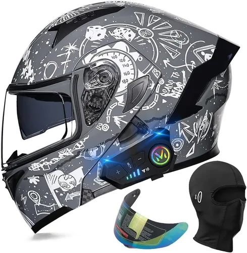Vista 18 de Casco de motocicleta modular con Bluetooth, aprobado por DOT, casco de cara completa abatible, con visera doble, altavoces duales y micrófono