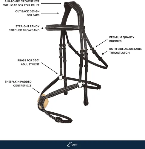 Vista 2 de Exion Designer - Figura 8 de brida inglesa para caballos Cabeza monocrocada ancha anatómica Banda nasal ajustable con almohadilla de mandíbula