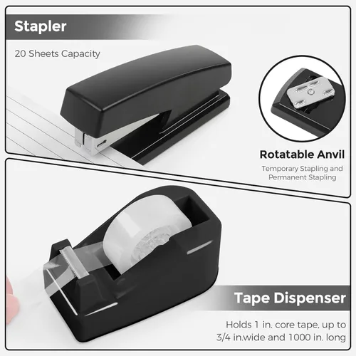 Vista 5 de SKYDUE Suministros de oficina negros, organizador de escritorio de malla, grapadora, dispensador de cinta, tijeras, carpeta/clips de papel y 1000