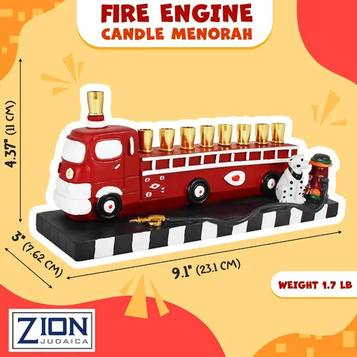 Vista 2 de Menorá coleccionable de camión de bomberos 3D con perro de fuego dálmata esculpido e hidrent Hanukkiah se adapta a velas estándar de Hanukkah