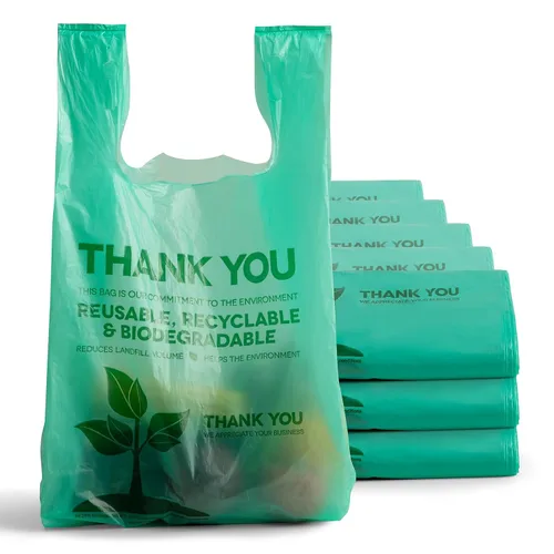 Vista 9 de FMP Brands Bolsas de plástico biodegradables ecológicas – 100 unidades con asas, bolsas de compras para camisetas de agradecimiento a granel