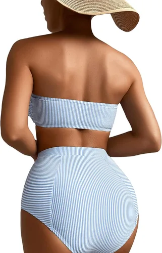 Vista 2 de Floerns Conjunto de bikini de 2 piezas con estampado de rayas de cintura alta y ribete con volantes para mujer