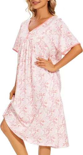 Vista 3 de AVIIER Camisones de noche de algodón suave para mujer, ropa de dormir de manga corta con bolsillos