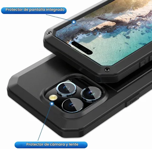 Vista 4 de Compatible con iPhone 15 Pro Max, funda protectora de cuerpo completo 360, resistente a los golpes, funda de metal de aleación de aluminio con Negro