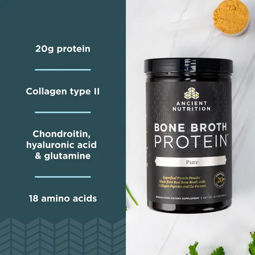 Vista 4 de Ancient Nutrition Polvo de proteína de caldo de hueso, puro, 20 porciones + polvo de proteína de caldo de hueso, chocolate, 20 porciones